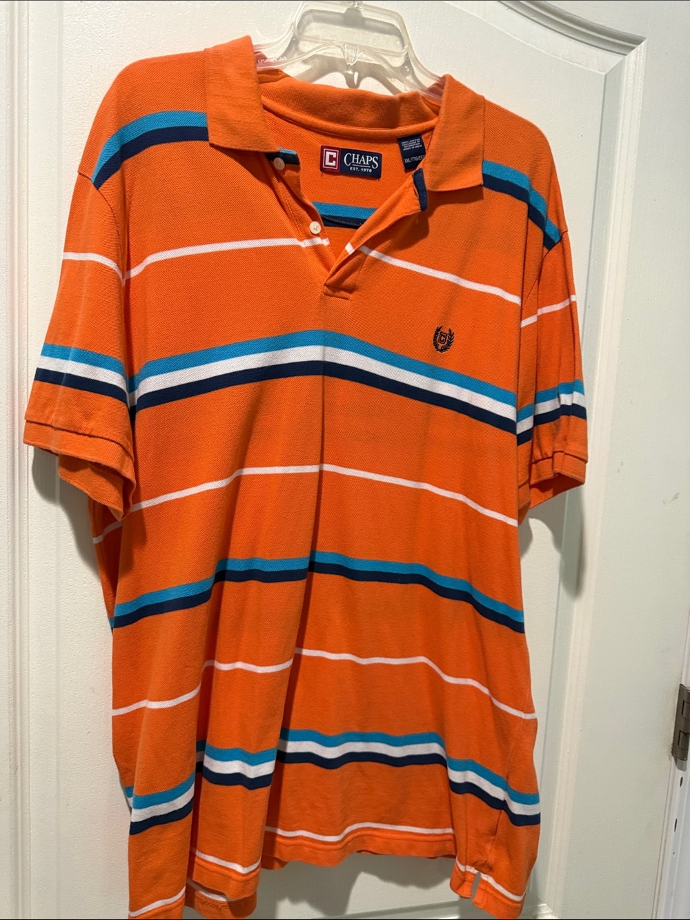 Chaps Men's Orange Polo with Teal, Navy & White Stripes